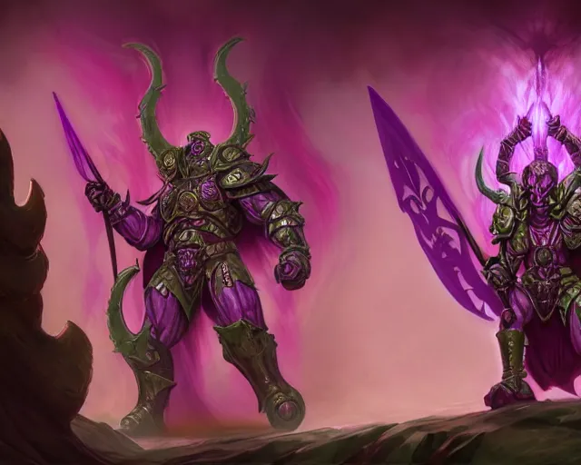 Image similar to wide shot of a chosen of slaanesh, pink and purple colours, bottom up green lighting, mutated, laughing, screaming, deep focus, d & d, fantasy, intricate, grim, highly detailed, digital painting, artstation, concept art, matte, sharp focus, illustration, hearthstone, art by artgerm and greg rutkowski and alphonse mucha