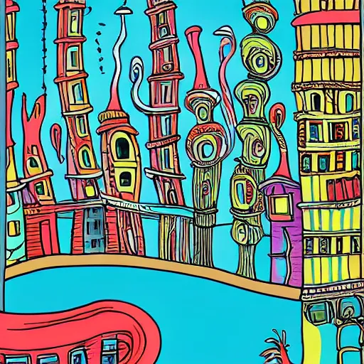 Prompt: fanciful city filled with curvy buildings, by dr seuss, oh the places you'll go, arches, platforms, towers, bridges, stairs, colorful illustration, flat colors