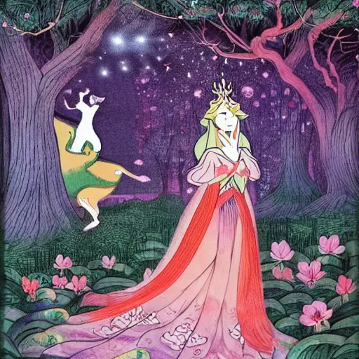 Prompt: A detailed experimental art of Princess Aurora singing in the woods while animals look on. The colors are light and airy, with a hint of mystery in the shadows. The overall effect is dreamlike and fairy-tale like. Korean folk art, alizarin by Dave Gibbons