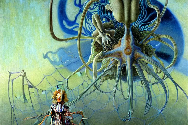 Image similar to realistic extremely detailed portrait closeup painting of a ghost kid playing with giant spider, futuristic sci-fi landscape on background by Jean Delville, Amano, Yves Tanguy, Alphonse Mucha, Ernst Haeckel, Edward Robert Hughes, Roger Dean, rich moody colours, blue eyes