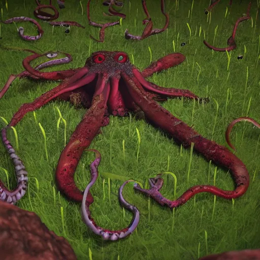 Image similar to voidless of the festival!, The Graveyard, blood moon tentacles!!, outsider art!!!, large group of crabs and worms, crawling along a bed of moss, low poly, creeper world, handcrafted, artstation, hyperrealistic, hard light, best practices, creeptastic, photorealism, macro perspective, cuddly