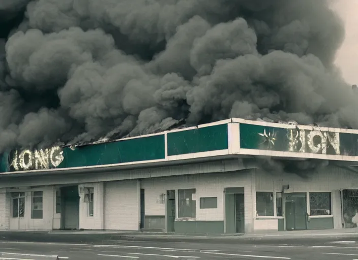 Image similar to an overexposed kodak 500 photograph of a bingo hall on fire, muted greenish blue colors