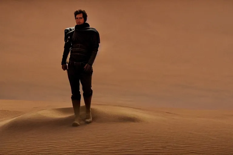 Prompt: a cinematic wide angle shot of a man in his early twenties, in the 2 0 2 1 movie dune, the sand is in the form of a wave, stormy weather, dry, film still, cinematic, dramatic lighting, by zack snyder