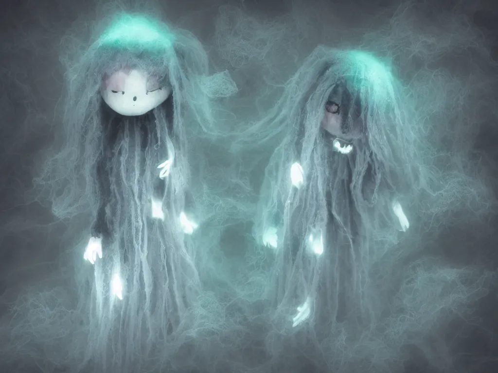 Prompt: cute fumo plush smiling ectoplasmic jellyfish ghost girl lingering in deep fog over mysterious waters, patchwork doll chibi gothic maiden in tattered melting rags, glowing wisps of hazy green smoke and eerie blue volumetric fog swirling about, moonlight, glowing lens flare, black and white, vray