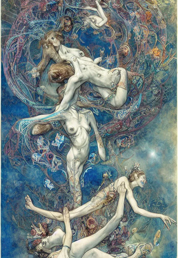 Image similar to simplicity, elegant, colorful blue djinn bodies and bones radiating from fractal, orchids, flowers, mandala, white bones, by h. r. giger and esao andrews and maria sibylla merian eugene delacroix, gustave dore, thomas moran, pop art, chiaroscuro, biopunk, art nouveau
