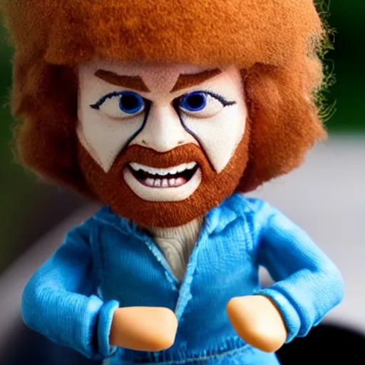 Image similar to a tiny screaming angry bob ross doll running your in rear view mirror