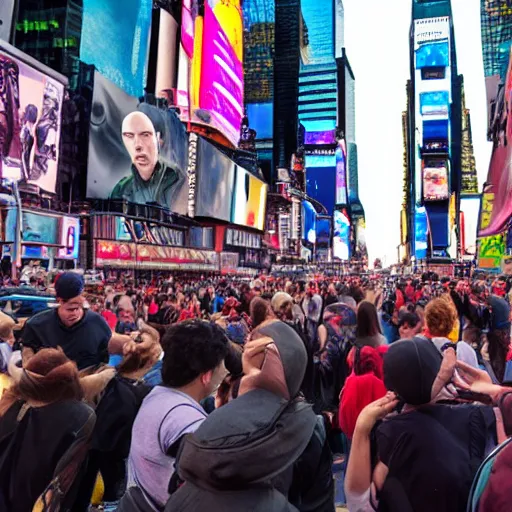 Image similar to a jedi in a battle with voldemort among the people in times square