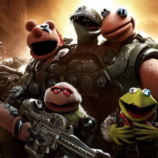 Prompt: the muppets in gears of war, splash art, movie still, cinematic lighting, dramatic, octane render, long lens, shallow depth of field, bokeh, anamorphic lens flare, 8 k, hyper detailed, 3 5 mm film grain