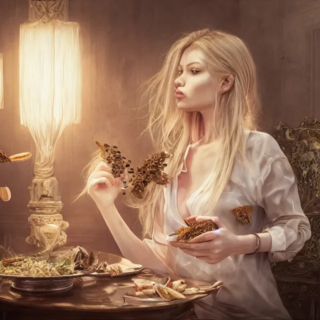 Image similar to studio portrait of blonde women eating insects at claridges, ultrafine hyperrealistic detailed face illustration by kim jung gi, irakli nadar, intricate linework, sharp focus, bright colors, matte, octopath traveler, final fantasy, unreal engine highly rendered, global illumination, radiant light, intricate environment