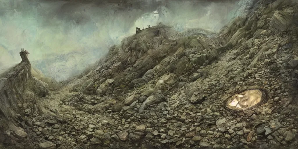 Prompt: A land slide tumbling down the mountain side, debris, illustration, detailed, smooth, soft, cold, by Adolf Lachman, Shaun Tan, Surrealism
