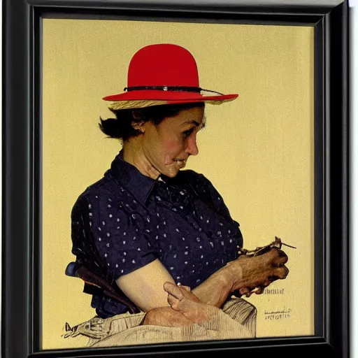 Image similar to frontal portrait of a woman with a hat that covers her eyes, by norman rockwell