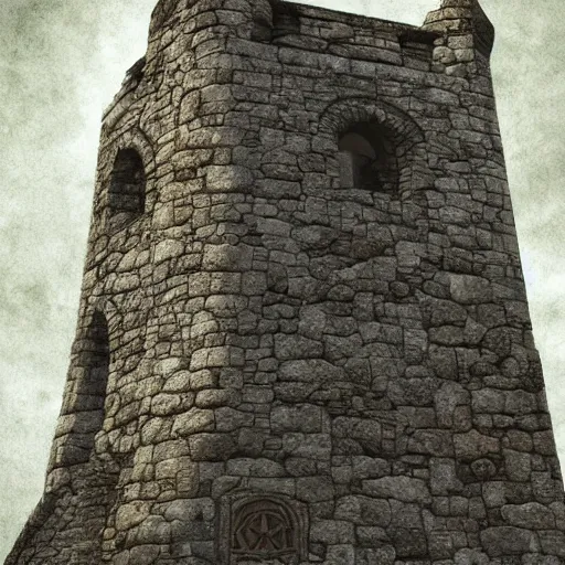 Image similar to gloomy illustration of a high medieval tower with dark stones, artstation