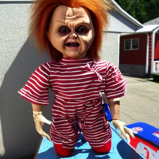 Image similar to Chucky the killer doll on sale at a garage sale