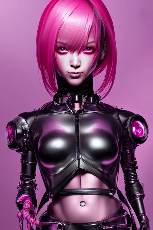 Image similar to Pink pretty bio-robot girl in black leather, character concept, angry light, dark mood, realistic body features and face, illustration, painting oil on canvas by Ayami Kojima and Tomoyuki Yamasaki and Tsutomu Nihei, octane render trending on artstation, 4k, 8k, HD