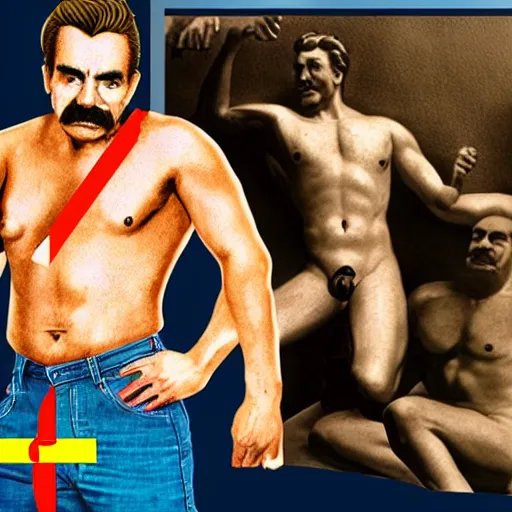 Image similar to lgbt art, tom of finland style, stalin, and lenin, in billy herrington body, art in 4 k, high quality