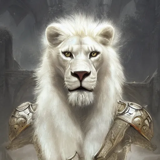 Prompt: a beautiful award winning commission of a male anthro albino lion dressed in skyrim armour,digital art,art by greg rutkowski,character design by charles bowater,ross tran,photorealistic,highly detailed,detailed face,4k,dramatic,deviantart,artstation