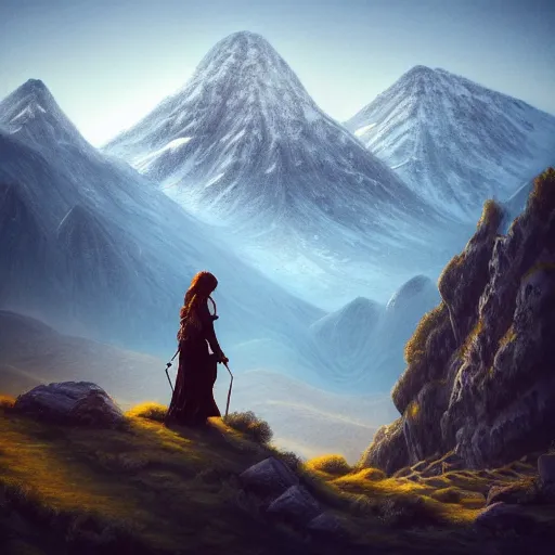 Image similar to of Willow team in Armenia hiking at a weekend and posing with mountains on the background, dark fantasy, medium shot, intricate, ornate, elegant, highly detailed, digital painting, volumetric light, artstation, concept art, smooth, sharp focus, illustration