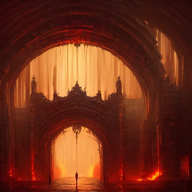 Image similar to huge gate, environment, illustration, fire, smoky, colors, epic scene, fantasy art by greg rutkowski, symmetrical, golden raito, high quality, intricate details, details, intricate, atmosphere, highly detailed, matte painting, cinematic, deviantart, realistic, concept art, 4 k