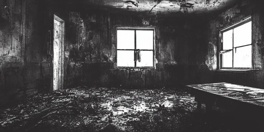 Image similar to a very dark room at night in a derelict house with one light, black and white, grungy