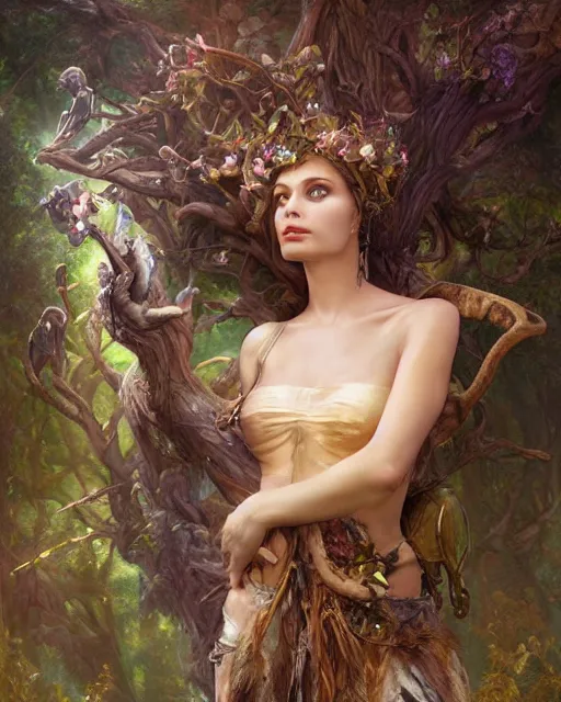 Image similar to dryad, stern like athena, a singer, portrait, swooning with forest creatures, studio lighting by jessica rossier and brian froud and gaston bussiere