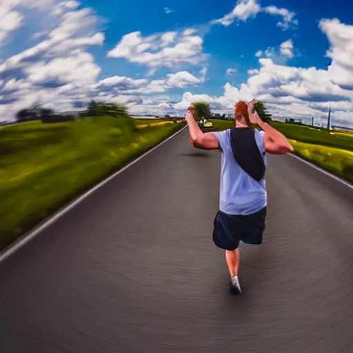 Prompt: large trucker running towards the camera with his arms out, sunny day, fisheye lens