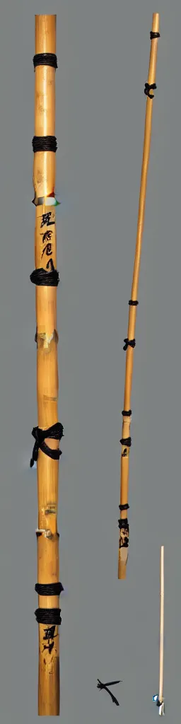 Prompt: picture of a single wooden long straight thin ninja fighting staff with oriental ornaments, bamboo, weapon, highlight, vertical, centred, symmetric, sci - fi, fantasy, japan, dnd, close shot, bright uniform background, award winning