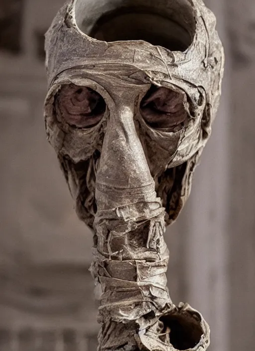 Image similar to mummified pipe in his throne at the vatican, desiccated, close - up portrate, hyper realistic, sharp focus, highly detailed