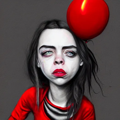 Image similar to surrealism grunge cartoon portrait sketch of billie eilish with a wide smile and a red balloon by - michael karcz, loony toons style, minecraft style, horror theme, detailed, elegant, intricate