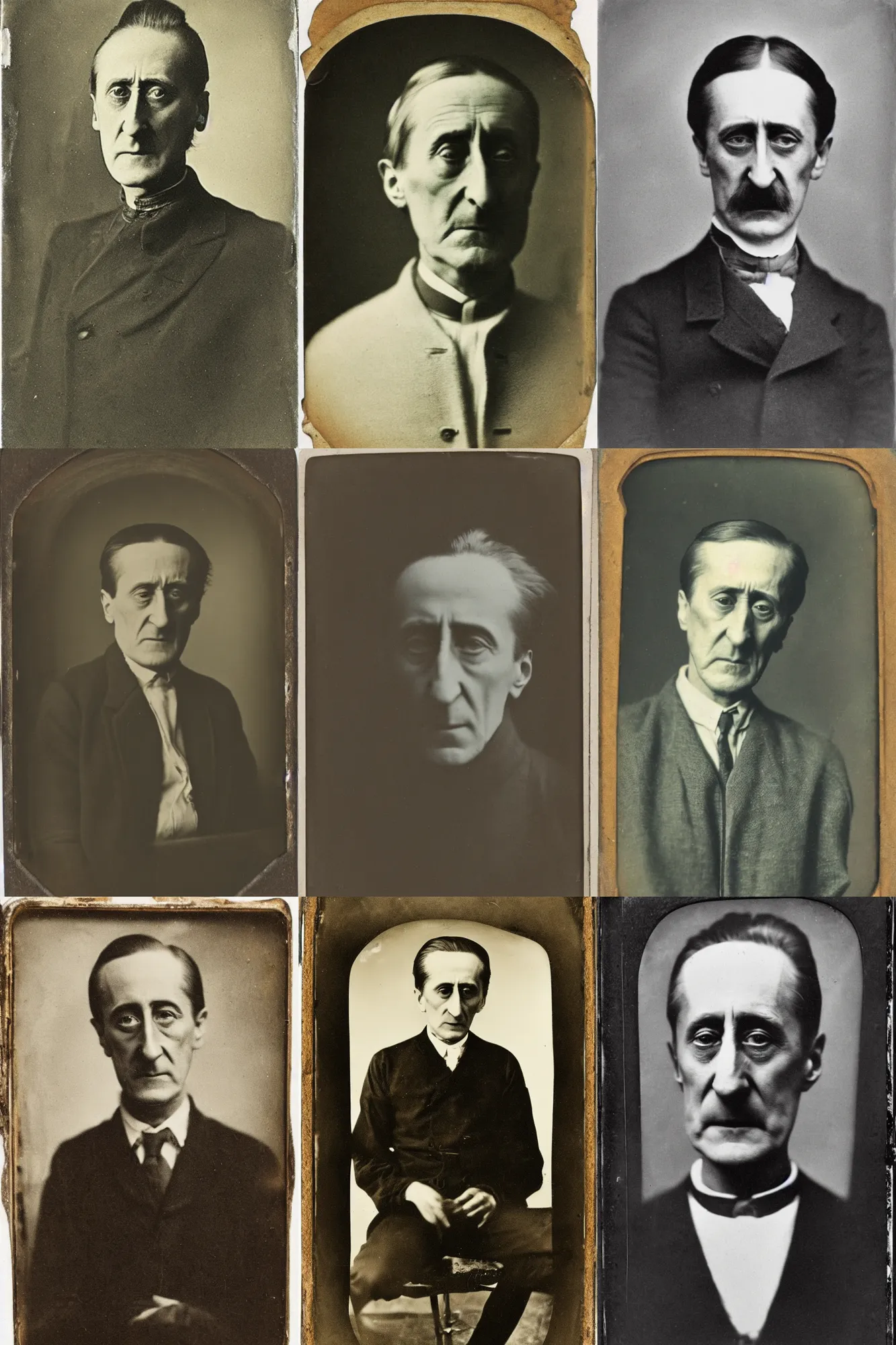 Prompt: an old tintype portrait of Marcel Duchamp pissing