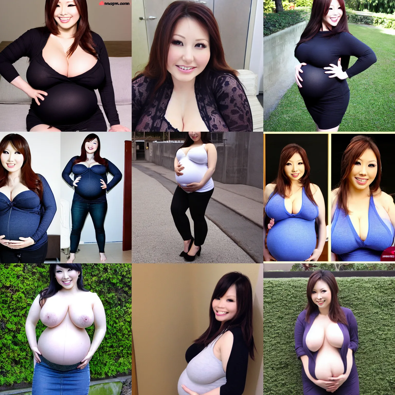 Prompt: hitomi tanaka with biggest pregnancy ever, fully clothed, standing sideways, full body view, realistic, smiling