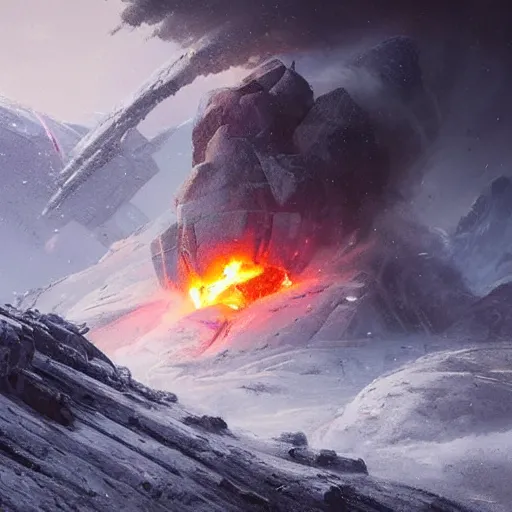 Image similar to a crashed starship burning in a blizzardy mountain scenery, Matte painting , detailed painting, greg rutkowski