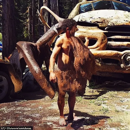 Prompt: “color photo of a Neanderthal with no cloth man taking an iPhone photo of a rusted mammoth on the grill, National Geographic , anthropology photo”