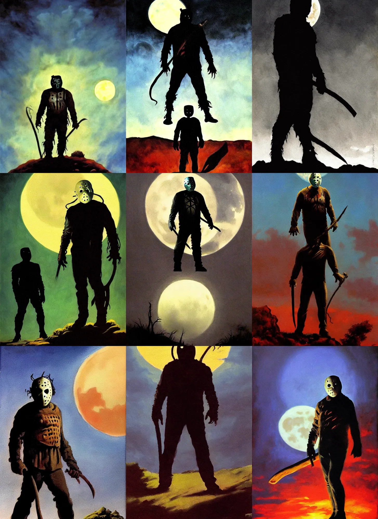 Prompt: portrait, very centered jason voorhees standing on a hill, powerful pose, scary, horror, giant moon, dramatic sky, shadows on side, cinematic, side light, backlighting, oil painting by frazetta