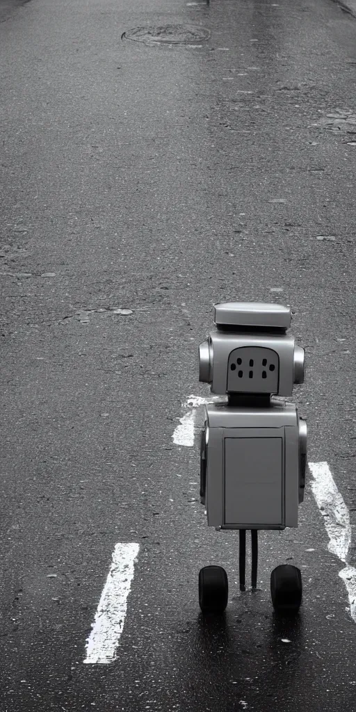 Image similar to robot on the road, city, photo, rain,