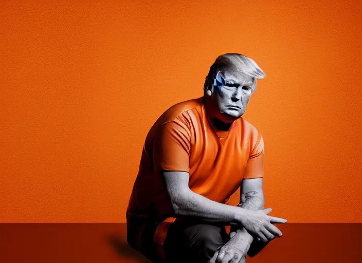 Image similar to photo of donald trump sitting in a jail cell wearing an orange jumpsuit defocused bars in the foreground, studio lighting, key light, 8 k, 8 5 mm f 1. 8