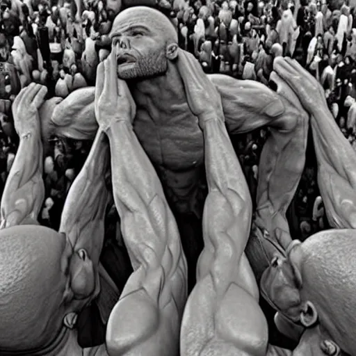 Image similar to group of human men worshipping giant statue of joe rogan in real life, 8 k, 4 k uhd, realistic, hyper realistic, super detailed, very detailed, detailed