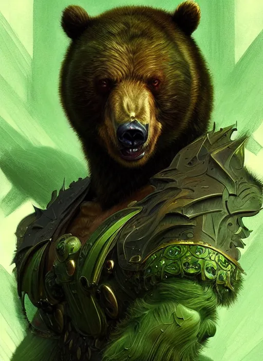 Prompt: portrait of aggressive bear humanoid, d & d, muscular! green, fantasy, intricate, elegant, highly detailed, digital painting, artstation, concept art, smooth, sharp focus, illustration, art by artgerm and greg rutkowski and alphonse mucha