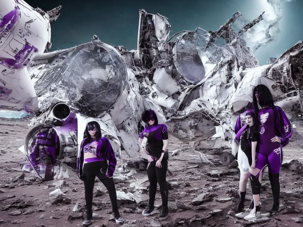 Image similar to two chubby teenagers with emo haircuts wearing gothy purple and black space spandex suits, standing next to smoking spacecraft wreckage, on the surface of mars, magnificent white futuristic cityscape in the bakground, highly detailed, dramatic lighting, photorealistic, cinematic