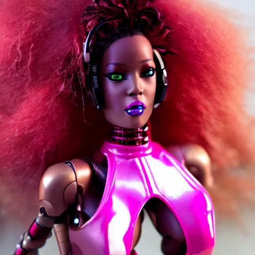 Image similar to cinematic, full shot, realistic cyberpunk african barbie, pink hair brown skin, barbie cyborg, perfect face, perfect body, plastic skin, mattel, red latex short dress with led, ghost in the shell, hajime sorayama, h 7 6 8