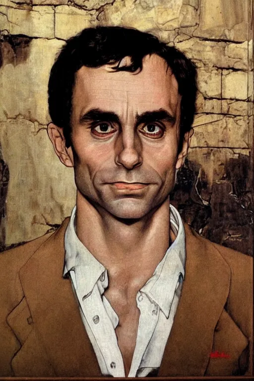 Image similar to a closer personal portrait of ted bundy with very piercing eyes, very charismatic. in the old ancient temple of luxor. masterpiece, dark. painted by norman rockwell and james gurney