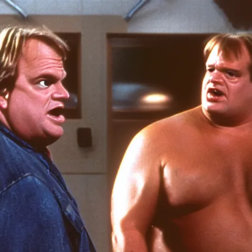 Image similar to chris farley starring in the terminator movie, movie still, 8 k