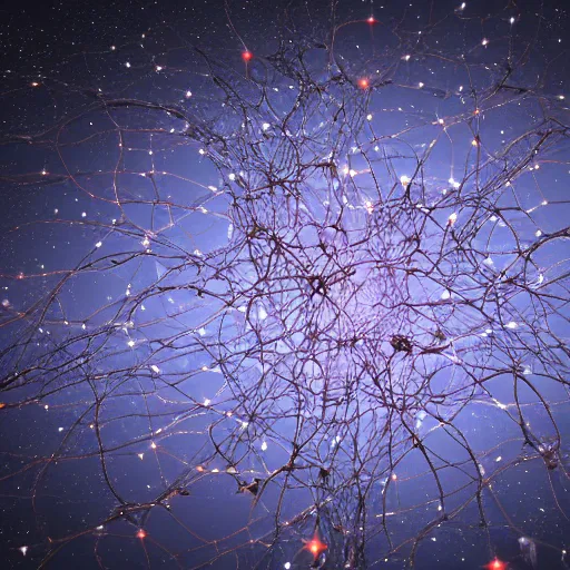 Image similar to army of interconnected neurons made of steel in space with hubble background, vray, 5 5 mm