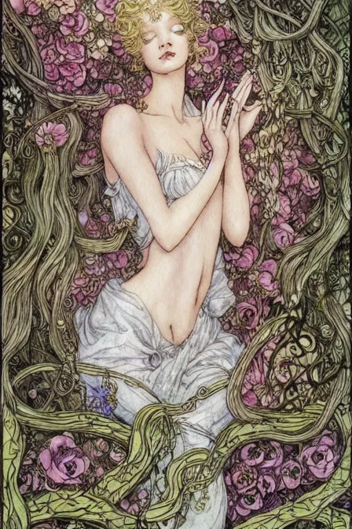 Image similar to detailed sleeping beauty in a rococo bedroom overgrown by vines and flowers, fantasy art, trending on artstation, fairytale, art by luis royo and walter crane and kay nielsen, watercolor illustration,