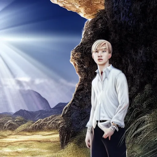 Image similar to a portrait of a young handsome prince with white fringy hair, epic beautiful landscape, elegant, beautiful, backlit, incredible lighting, strong rim light, highly detailed, god rays, digital painting, HDRI, by Heise Jinyao, Heise-Lian Yan Fang, Feimo, Richard Taddei, vivid colors, high contrast, 8k resolution, intricate, photorealistic, smooth