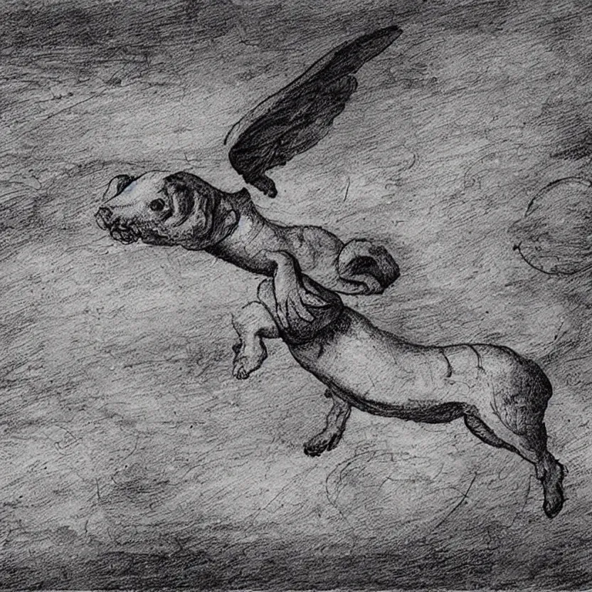 Image similar to leonardo da vinci sketch of a mechanical flying dachshund