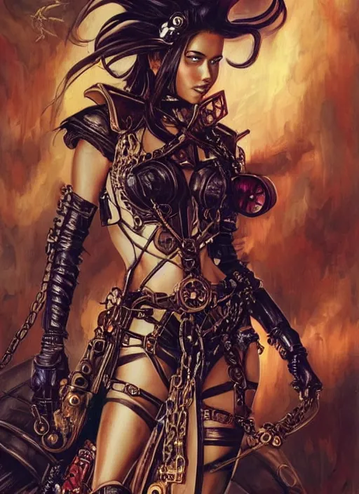 Prompt: front portrait of attractive Adriana Lima as Lady Mechanika hanging from a steampunk airship , Intrincate background with steampunk imagery , D&D!, fantasy style, sharp focus!, ultra detailed, art by Artgerm and Peter Andrew Jones, WLUP