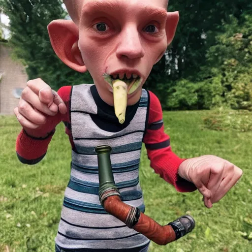 Prompt: goblin e - boy smoking a long weird pipe