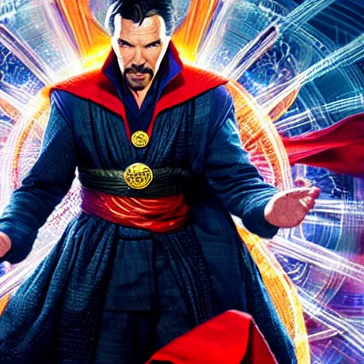 Image similar to dr. strange casting a shield spell in the metaverse, hyper realistic, highly detailed, perfect face, smooth, focus, movie still, cinematic