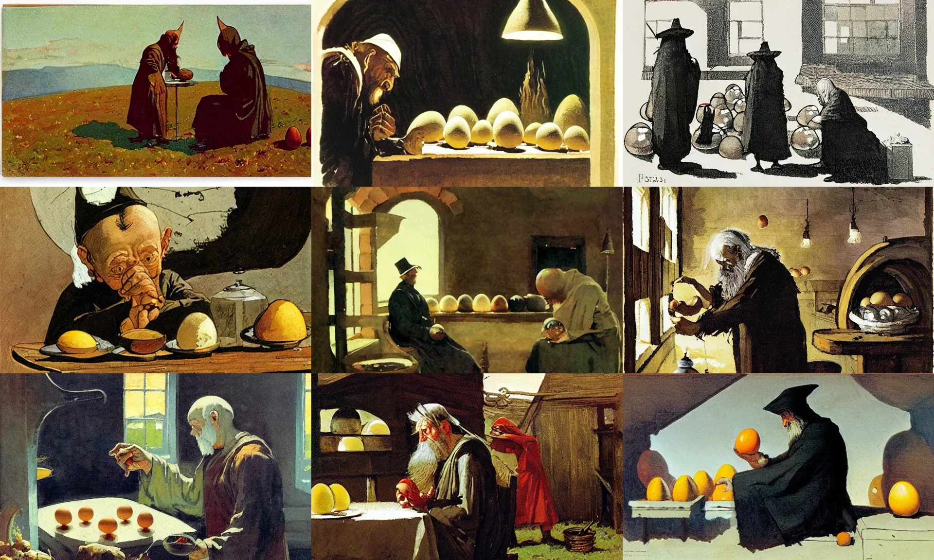 Image similar to Pensive Wizard examines eggs with calipers, by Homer Winslow