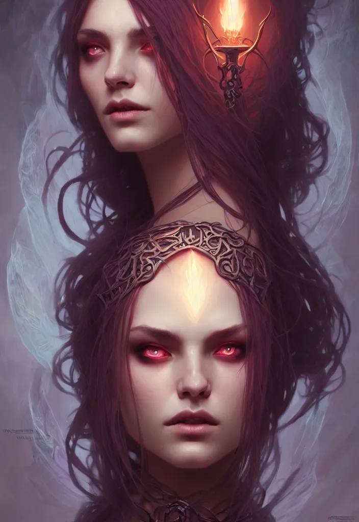 Image similar to Necromancer Sorceress filled background around face, fantasy magic, undercut hairstyle, dark light night, intricate, elegant, sharp focus, illustration, highly detailed, digital painting, concept art, matte, art by WLOP and Artgerm and Greg Rutkowski and Alphonse Mucha, masterpiece